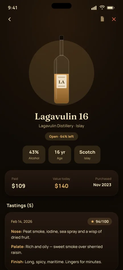 Lagavulin 16 bottle detail showing 64% left, 43% alcohol, 16 years old, $109 paid against a $140 value today, and a dated tasting note with nose, palate, and finish