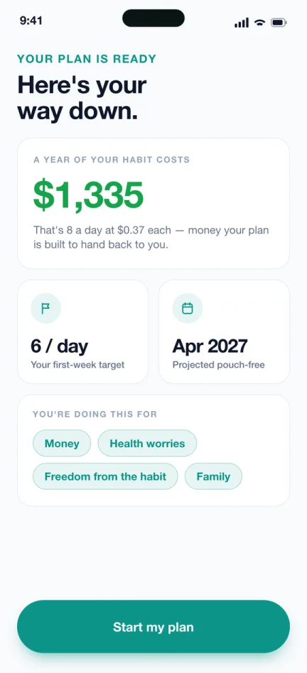 Plan screen showing a year of the habit costs $1,335, a first-week target of 6 pouches a day, a projected pouch-free date of April 2027, and reasons for quitting