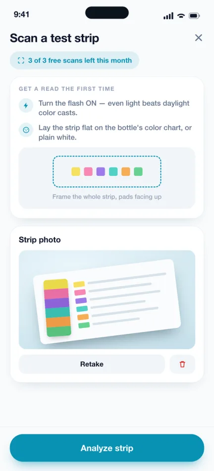 Scan a test strip screen with tips for a good read, a photo of a test strip, and an Analyze strip button